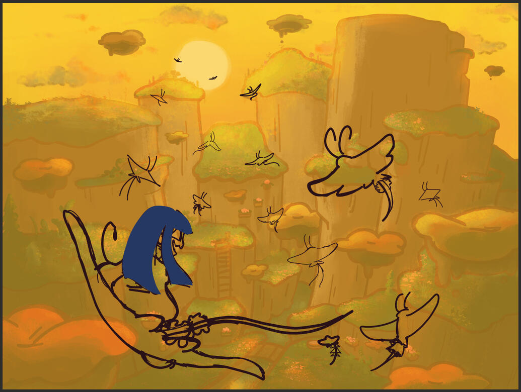 wip of the character blocking process in Cosmic and the Great Mantatail Migration!