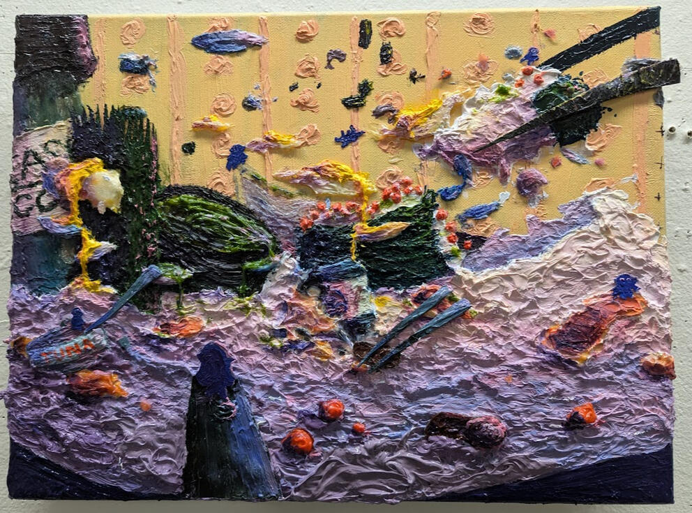 Impasto oil painting heavily layered together. Cosmic visits an abstracted realm where the rice flows like fondue...