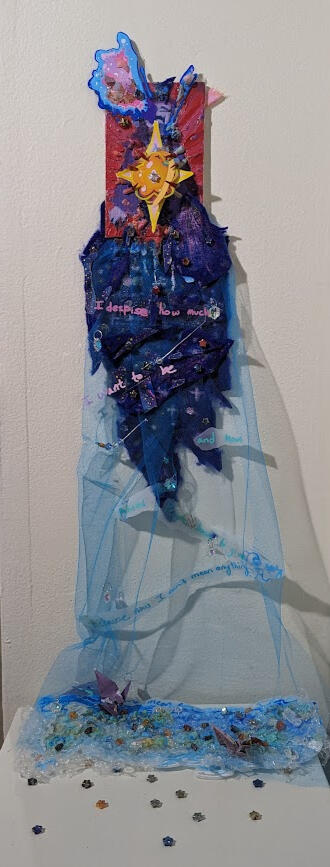 gutless - mixed media on 4 x 6 inch canvas, made September 26th, 2023. The words, going from top to bottom, read: "I despise how much / I want to / be / and how / little / Patience / People have to give / because now I can't mean anything / let alone mea