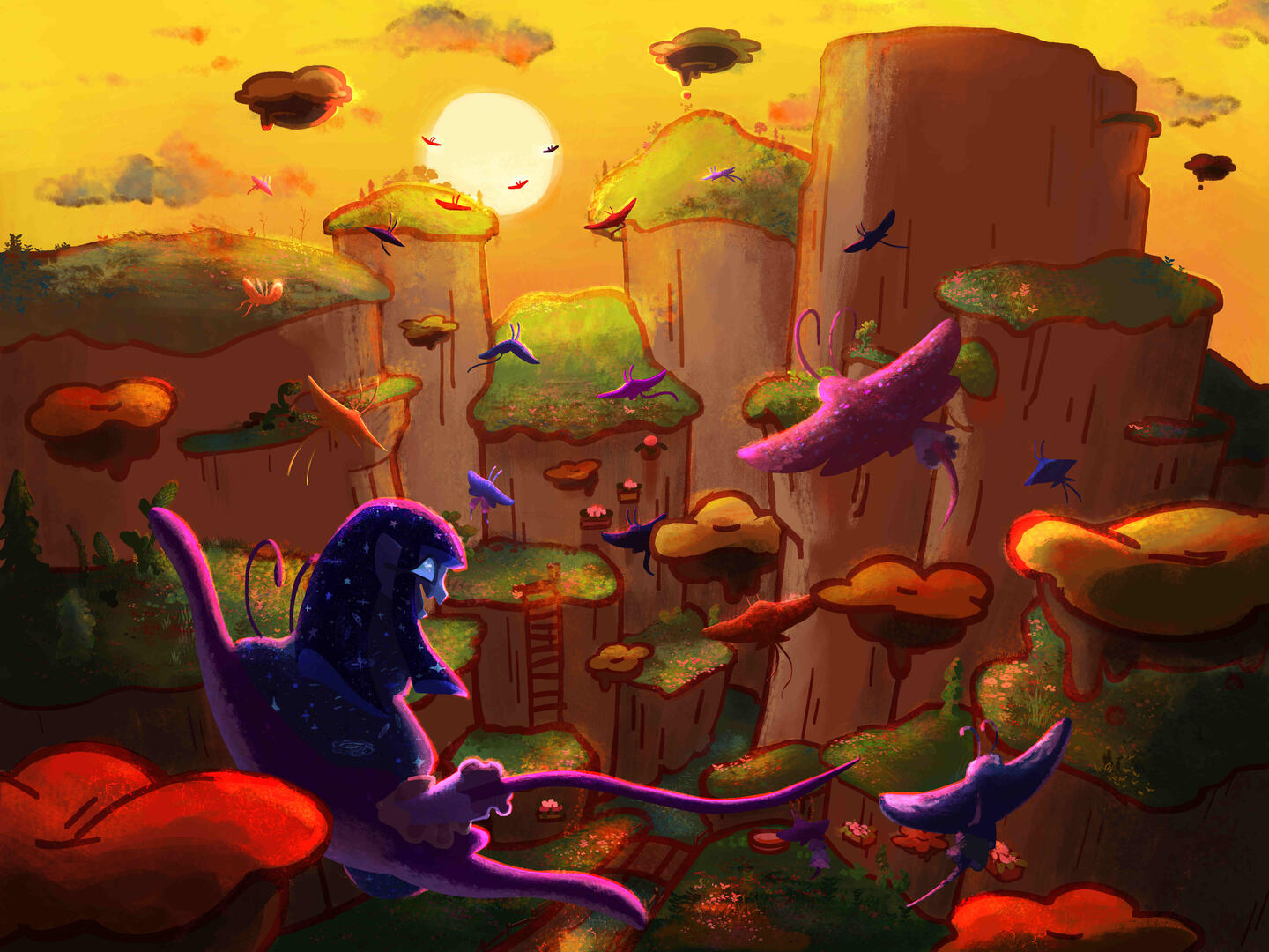 Cosmic and the Great Mantatail Migration - 12 x 16 inch digital print altered into a shadow box with layered prints and foam. A lot of cutting paper and blisters. Made October 4th, 2024.