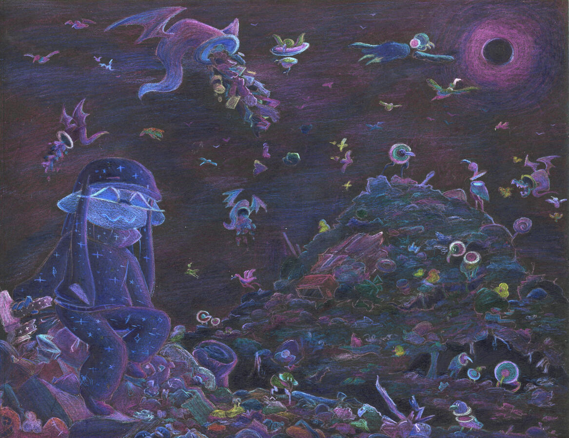 colored pencil drawing done on black card stock featuring a landfill cosmic stumbled into. the black hole in the sky seems to be the only way out...