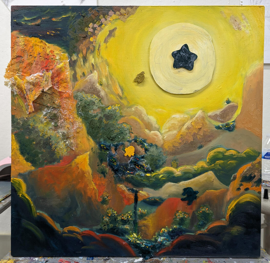 Cosmic and Warping to the Dark Star&#39;s Whims - 22 x 22 inch oil painting on wood panel. The first real pivot towards landscape painting with a small character. Made April 25th, 2024.