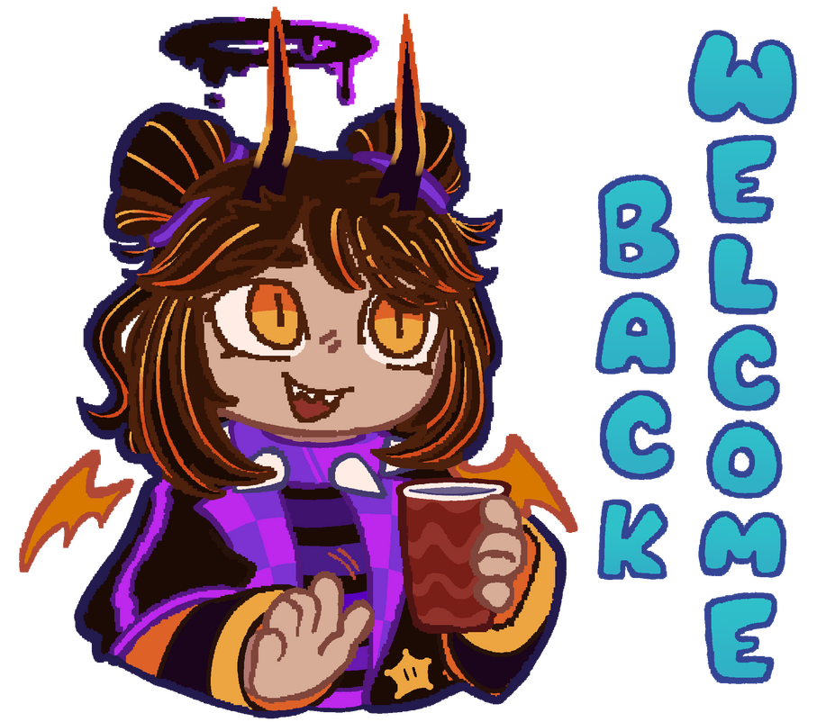 One of a series of LINE stickers featuring Cosmic and the friends she meets along the way. Featured for wave one is Pyrite, an imp who loves organizing and hosting pranks! Created December 28th, 2025.