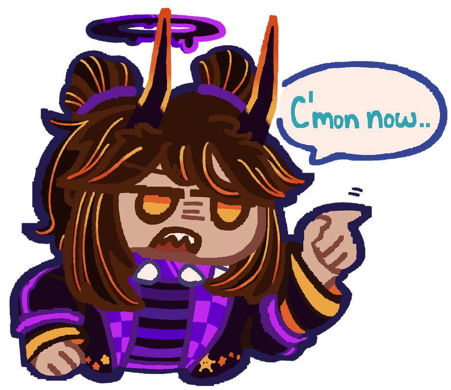 One of a series of LINE stickers featuring Cosmic and the friends she meets along the way. Featured for wave one is Pyrite, an imp who loves organizing and hosting pranks! Created December 28th, 2025.
